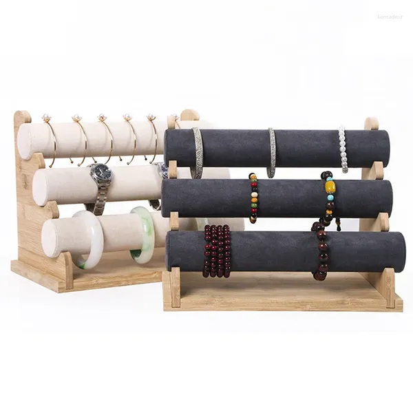 Bolsas de jóias de bambu de três camadas pulseira relógio exibe suporte colar cabeça corda armazenamento rack anel de cabelo