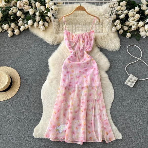 Lässige Kleider Sommer Floral Feenparty Süße Y2k Vintage Beach Fashion Koreanische Mädchen Festa Trompete Meerjungfrau Halfter Druck Spitze Ins