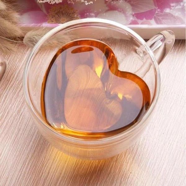 Weingläser Herz Liebe Form Glas Kaffeetasse Tasse Doppelwand Trinken Tee Milch Saft Wasser Hitzebeständiges Trinkgeschirr Set Liebhaber Geschenk