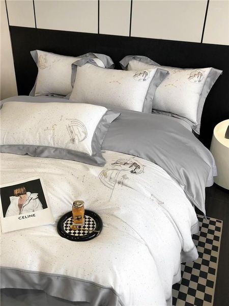 Set di biancheria da letto 1000TC cotone egiziano rosa grigio giuntura con macchie nere copripiumino ricamo chic lenzuolo con angoli elastici federe 4 pezzi