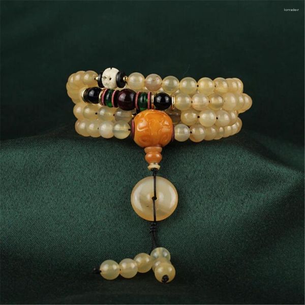 Прибытие нити 108 мала натуральный тибетский стиль браслеты из овечьего рога полирующие бусины с кроваво-шелковым костяным ремесленным ювелирным изделием