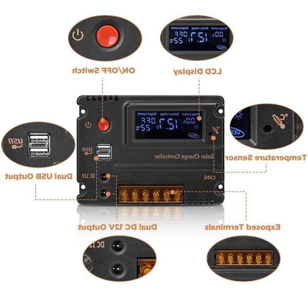 Güneş Paneli 20A Güneş Şarjı Denetleyicisi Otomatik Anahtar LCD Akıllı Panel Pil Regülatör Şarj Denetleyicisi Aşırı Yük Koruma Tem Gridn