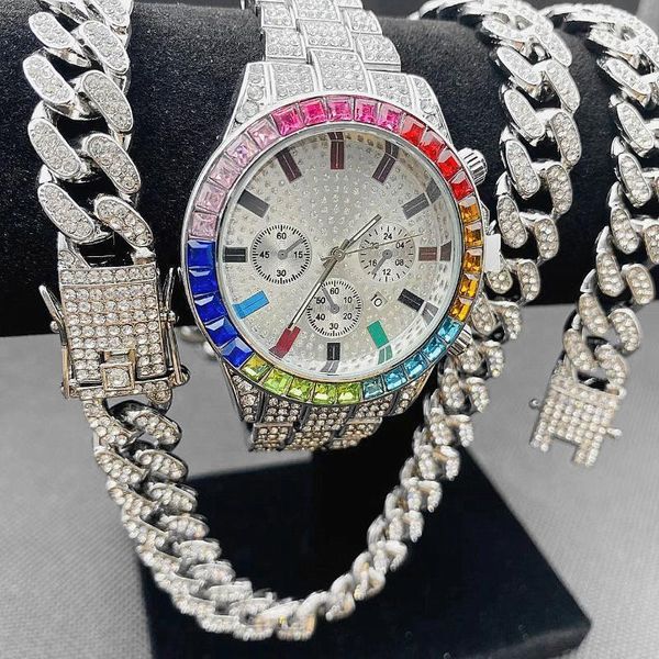 Relógios de pulso 3pcs Hip Hop Luxury Relógios Jóias Conjunto de jóias Mulheres iCed Out Watch Colar Bracelet Bling Diamante