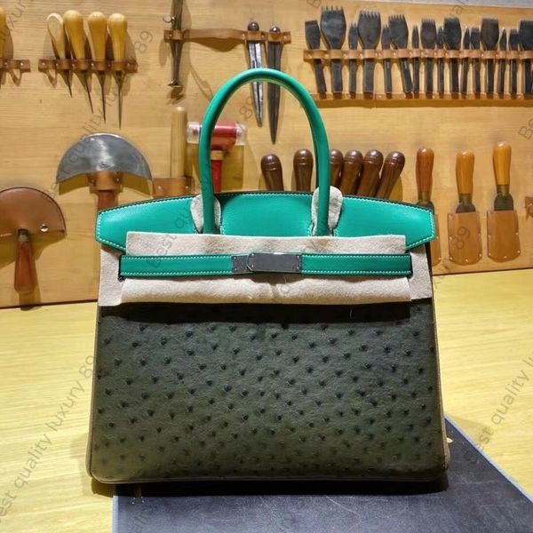 Markenhandtasche Luxushandtasche Klassische Handgelenktasche 2530 cm, komplett handgefertigt mit original importierter Farbe mit Straußenhautlinie aus französischem Bienenwachs, 24 Karat vergoldete Hardware