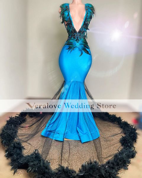 Luxus blaue Federn Ballkleider für schwarze Mädchen Perlen Meerjungfrau Abendkleider 2023 Robes De Bal Frauen Party Wear