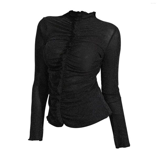 Camicette da donna Skyline Cotton Sleep Shirt Ladies Casual Coulisse Pieghettato Skinny Ruffle Collo alto Manica lunga Sheer Top Tie Camicie per