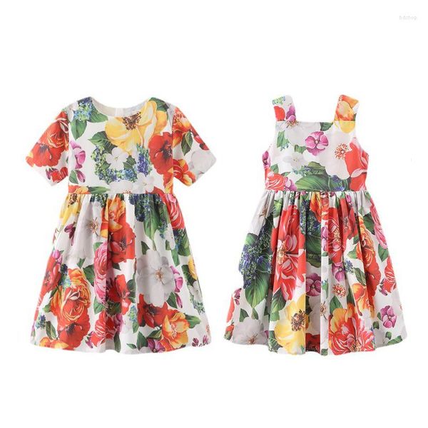 Meninas vestidos de meninas vestidos de verão Multi-floral Crianças de pano estampo flores rosa para moda Criando de 2 a 10 anos