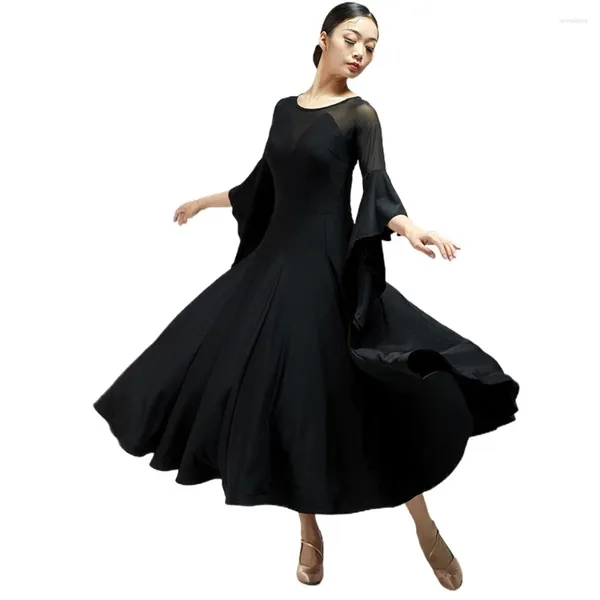 Palco desgaste mulheres vestido de dança de salão longa expansão malha retalhos valsa tango foxtrot trajes feminino meia manga