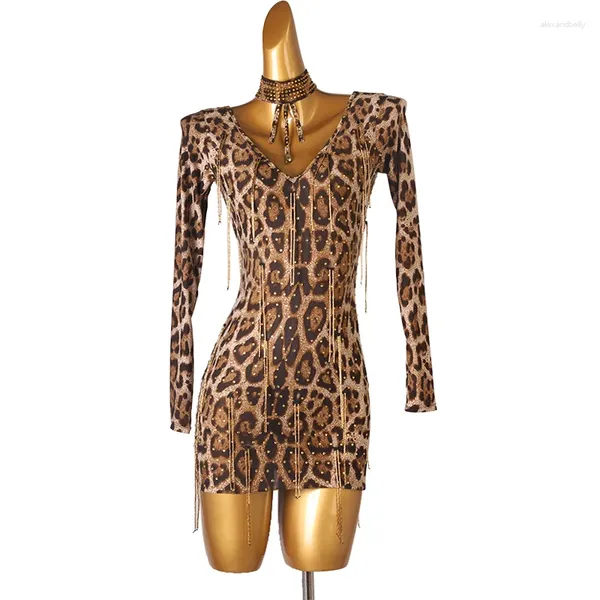 Palco desgaste selvagem padrão de leopardo desempenho latino vestido competição samba denim saia de dança curta produto