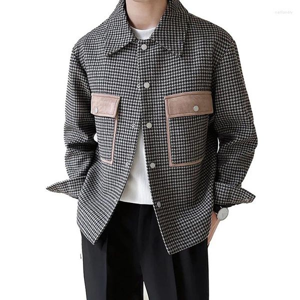 Jaquetas masculinas homens coreano streetwear moda vintage solto negócios casual houndstooth lã xadrez jaqueta masculina primavera outono casaco outerwear