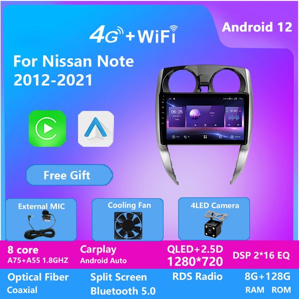 Navegação de carro GPS Vídeo de 9 polegadas Android 13 para Nissan Note 2012-2021 BT Radio Multimedia Video Player 2 DIN