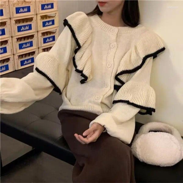 Maglioni da donna Abbigliamento fronte-retro Coreano O-Collo Ruffles impiombato Maglione pullover lavorato a maglia Moda donna Allentato Manica lunga Abbigliamento Casual Top