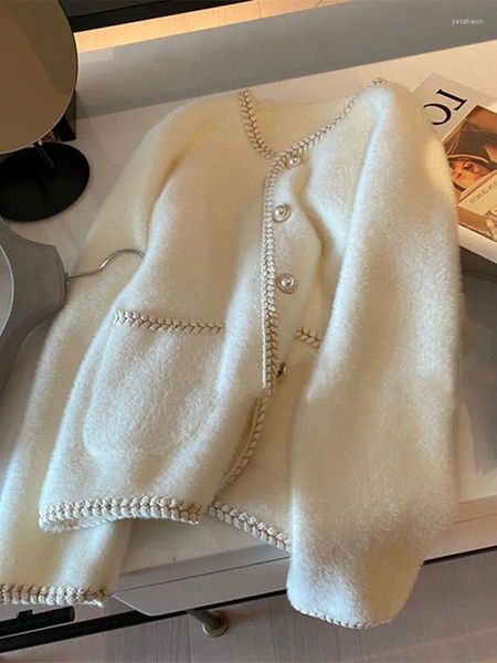 Damenpullover Korobov Französische kleine duftende Strickjacke Perlenknopfpullover Herbst Sanfte weiche Strickwaren Mantel Vintage Mode Pull Femme