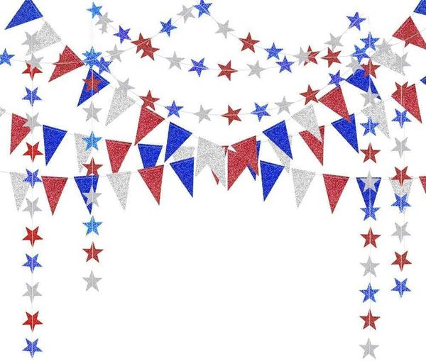 Novità Articoli 4 ° Quarto di luglio Glitter Rosso Blu Argento Bianco Stella Triangolo Ghirlanda Banner Per USA America Giorno dell'Indipendenza Celebrazione Decor Z0411