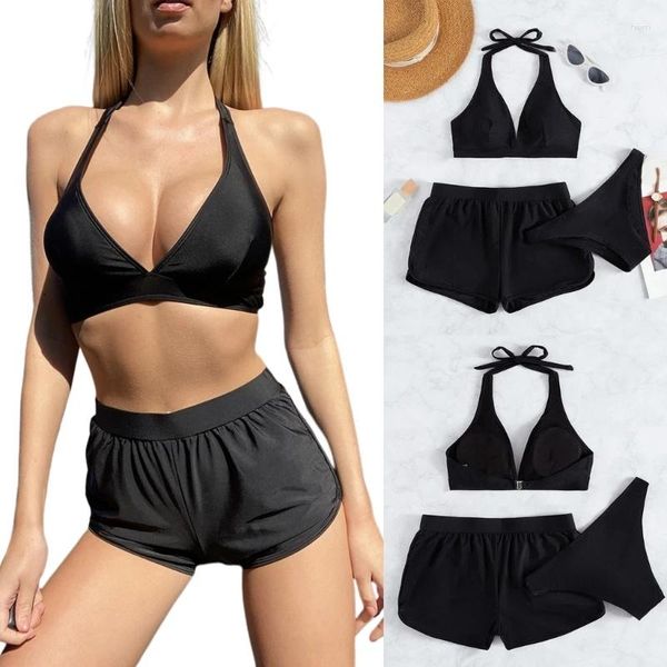 Damen-Bademode, dreiteiliger Badeanzug für Damen, rückenfrei, Neckholder-Tops, hoch tailliertes Tanga-Set mit Shorts, Badeanzug