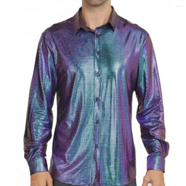 Camisas casuais masculinas vintage disco party e blusas ouro carimbo laser único breasted manga longa colorido gradiente camisa roupas