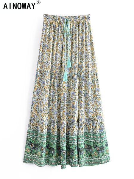 Gonne Vintage Fashion Hippie Beach Bohemian Green Flower Print Pieghe in pelle Elastico in vita A-Line Bohemian Maxi Leather Women's 230412