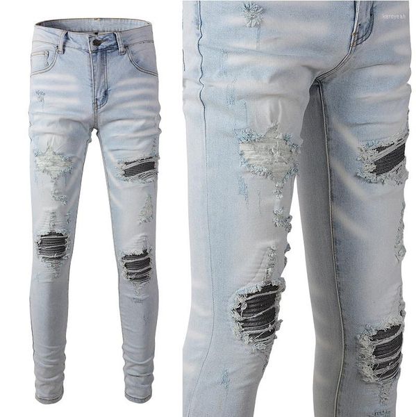 Мужские джинсы Мужчина #A699 Серые серые ребра Пэчворкс Рубеной пятнадцатисты