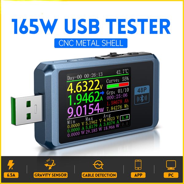 FNB48P Testador de bateria USB Voltímetro de amperímetro Tipo-C Detecção de carga rápida Capacidade de gatilho Monitor de ondulação