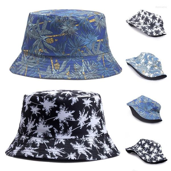 Chapéus largos da borda 2023 Moda Verão reversível preto azul de coco árvore estampada pescador tampa Panamá balde gorro pecador homens homens