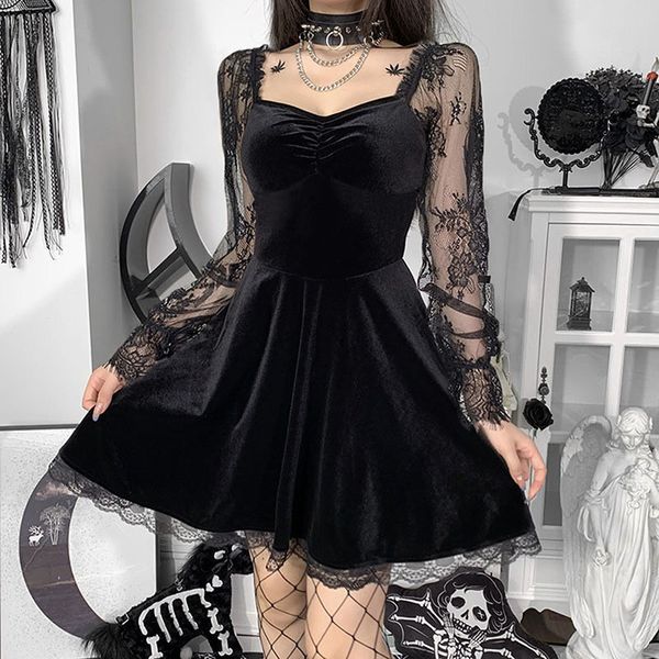 Casual Kleider Damen Gothic Lolita Schwarz Vintage Lace-up Langarm Kleid Punk Goth Cosplay Party Prom Velvet 230412