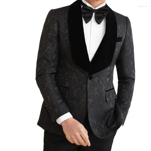 Ternos masculinos mais recentes sob medida impressão preta único botão blazer com lapela de xale de veludo 3 peças terno masculino para noivo casamento formal slim fit wea