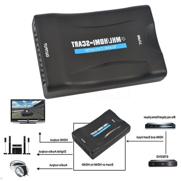 Freeshipping 1080P H-DM-I zu SCART Video Audio Upscale Konverter AV Signal Adapter HD Receiver TV DVD US/EU Netzstecker Fvnqd