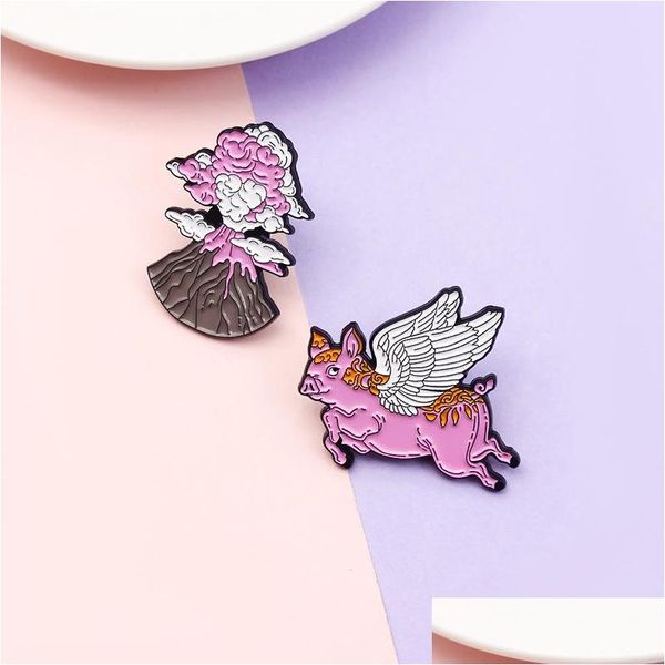 Acessórios para desenhos animados Pig Pet Pet Pig esmalte o broche vulcão erupção Pin Pin White Angel Wings Lovely Animais Jóias criativas Custom B DHQHA