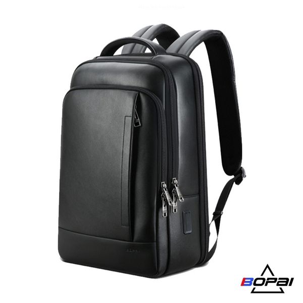Backpack Bopai 100% genuíno de couro laptop masculino Backpack casual Backpack masculino Backpack do computador preto de couro preto 15.6innch 230411