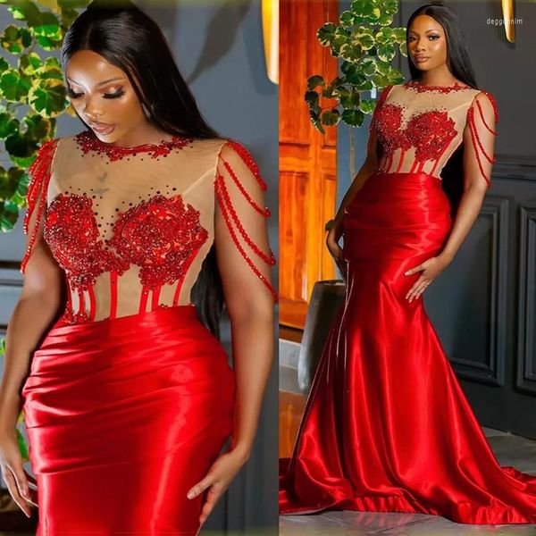 Partykleider Red African Prom Sheer Top Spitzenapplikationen Cap Sleeve Satin Mermaid Abendkleider Zipper Back Dress 2023