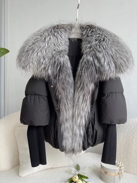 Mulheres de pele sintética ANNSIRGRA inverno mulheres casaco de pato branco para baixo jaqueta super grande gola de pele de raposa de prata real com manga de malha moda outerwear 231110