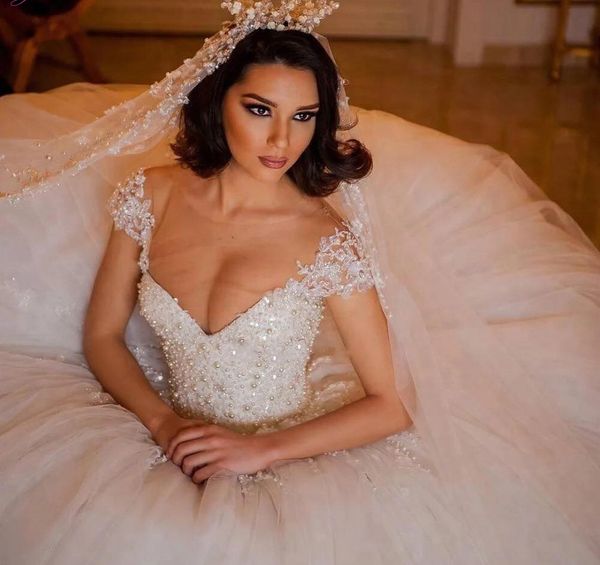 Wunderschönes Brautkleid 2023 Brautkleid Sheer V-Ausschnitt Top Perlen Perlen Spitze Puffy Rock Vestidos De Noiva Mariage nach Maß