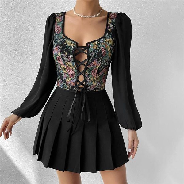 Blouses feminina Mulheres Tops magros Y2K Vintage Floral Impresso de retalhos Lanterna Lanterna longa Pescoço quadrado Blusa de bandagem cruzada para mola