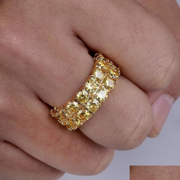 Solitaire Ring Tasarım Altın Renkli Erkek Mikro Pave 2 sıra zincir büyük 3a zirkon parlak hip hop parmak halkaları erkekler için kadın takı d dhgarden otjq1