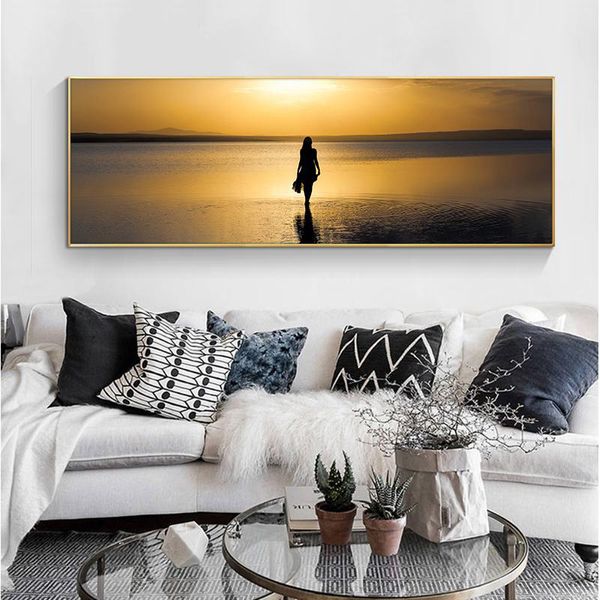 Oro naturale mare spiaggia tramonto paesaggio poster e stampe su tela pittura scandinava immagine di arte della parete per la decorazione del soggiorno