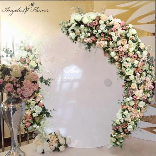 Flores decorativas grinaldas personalizadas champanhe lua forma arranjo de flores rosa artificial linha casamento arco decoração pano de fundo parede w298s