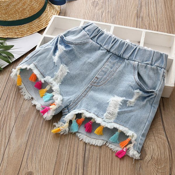 Şort 2023 Yaz Moda Güzelliği Sevimli 2 3 4 6 8 10 12 Yıl Çocuk Kısa Kot pantolon Bebek Çocuk Kızlar Denim Püskül Delik 230412