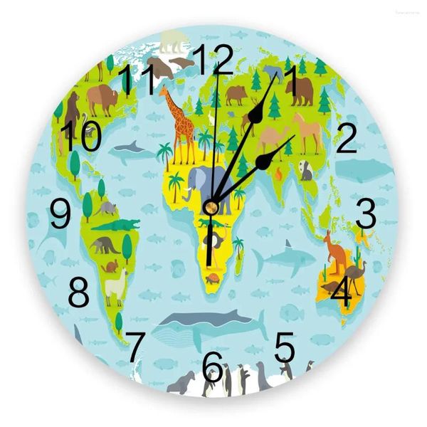 Orologi da parete Mappa degli animali Cartone animato Mare Terra Orologio Design moderno Soggiorno Decorazione Cucina Orologio muto Arredamento per la casa