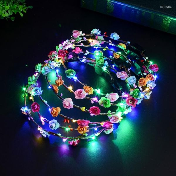 Fiori decorativi Donne Ragazze LED Illuminano Fascia per fiori Lampeggiante Corona luminosa Corona per capelli in maschera Corona per capelli Ghirlande luminose