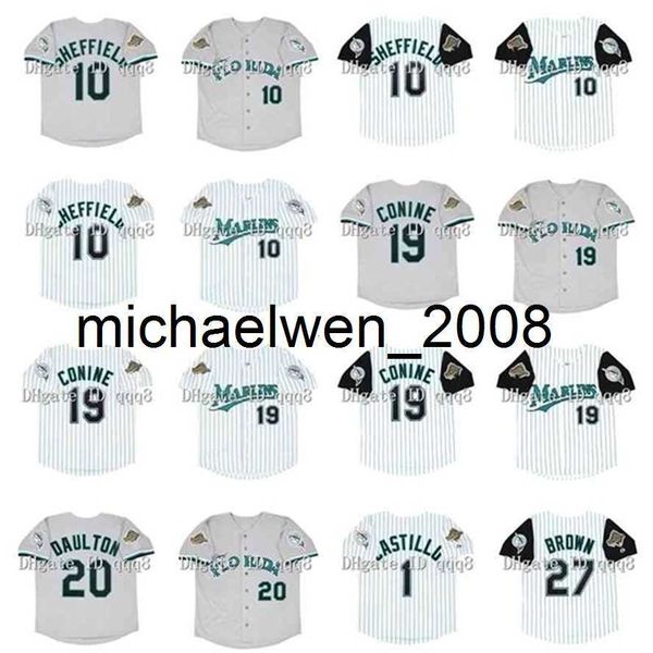 Camisa de beisebol vintage de 1997 10 Gary Sheffield 20 Darren Daulton 19 Jeff Conine 24 Bobby Bonilla 27 Kevin Brown 1 Luis Castillo 28