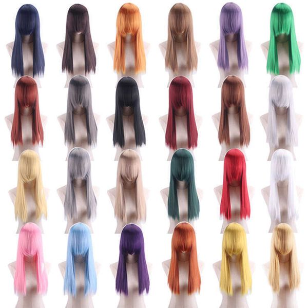 Anime multi cor diagonal franja cos peruca conjunto versátil peruca cosplay longo cabelo reto roupas antigas dos homens e das mulheres