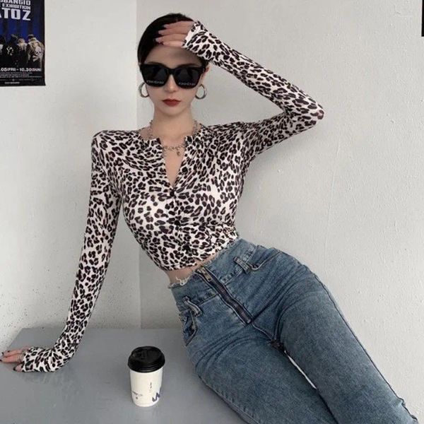 Frauen T Shirts Herbst Und Winter Retro Mode Leopard Mantel Harajuku T-shirt Top Y2K Street Punk Hohe Hip Hop sexy Frau