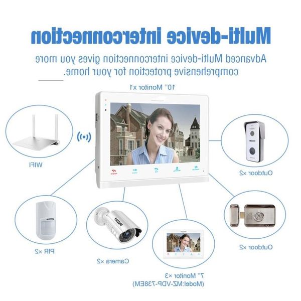 FreeShipping Sistema de intercomunicação de campainha de vídeo IP inteligente sem fio / Wifi 10 polegadas Monitor de 3 x 7 polegadas com câmera de telefone de porta com fio 2x720P Atage