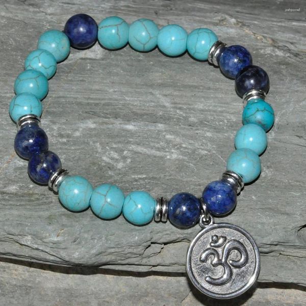 Strand om yoga confiança pulseira mala contas redondas 8mm turquesa contas sodalite pedra garganta chakra equilíbrio