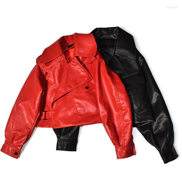 Jackets femininos Spring Autumn Autumn Leather Roupos de couro preto PU Red PU Casaco irregular Canda alta Coloques Roupas de Locomotive OutWear 2023 Women's