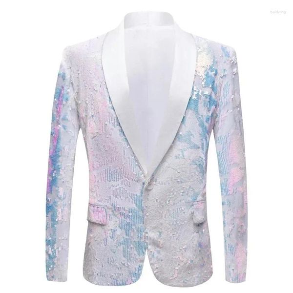 Abiti da uomo Abito da smoking in velluto bianco da uomo Blazer con paillettes lucide Abito da uomo slim fit Giacca da uomo Festa di nozze Cantanti di scena Costume Homme