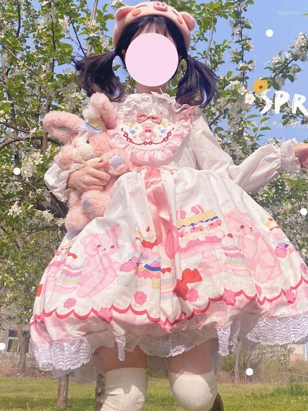 Freizeitkleider KIMOKOKM Lovely Lolita Princess JSK Dress Square Collar Bear Printing Bow Rüschen Sleeveless Lace Sweet Cosplay Camisole