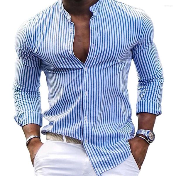 Camisas casuais masculinas e blusas outono primavera moda listrada manga longa camisa de peito único tops camiseta homem roupas