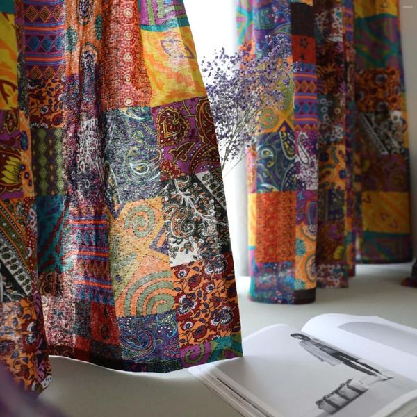 Tenda Tende in stile etnico vintage bohémien Tessuto di lino in cotone semi-ombreggiante per soggiorno Studio Camera da letto Finestre a bovindo personalizzate