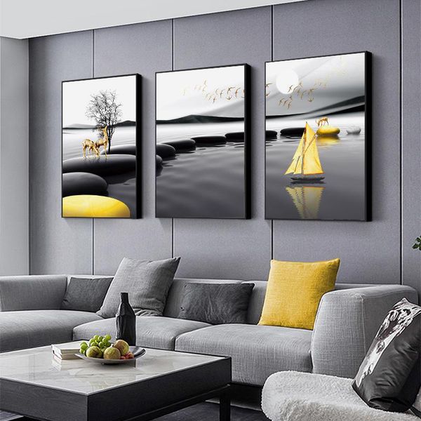 Paesaggio moderno Poster Stampa Nero Giallo Pietra Barca a vela Cervo Wall Art Canvas Pittura Immagini nordiche per la decorazione del soggiorno